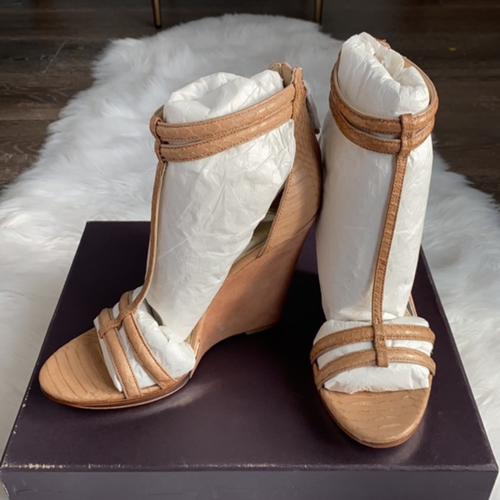 Brian Atwood Pinkston Open Toe Platform Wedge Heels Suede Sandals Tan Brown 7 37